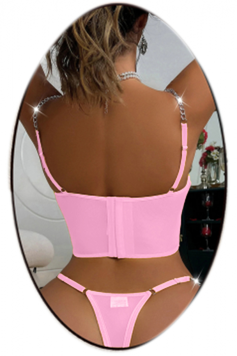 Set lenjerie erotica cu broderie florala, corset si chiloti tanga TY-LX195roz [2]