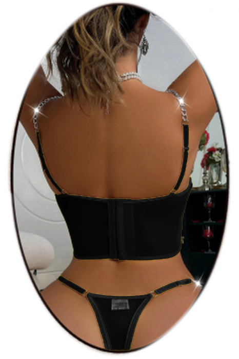 Set lenjerie erotica cu broderie florala, corset si chiloti tanga TY-LX195negru [2]