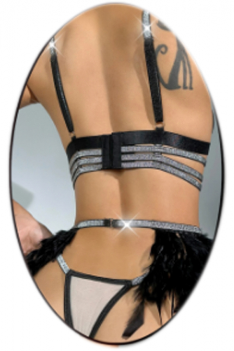 Set lenjerie erotica, sutien, chiloti tanga si portjartiera cu benzi elastice TY-LX185negru [2]