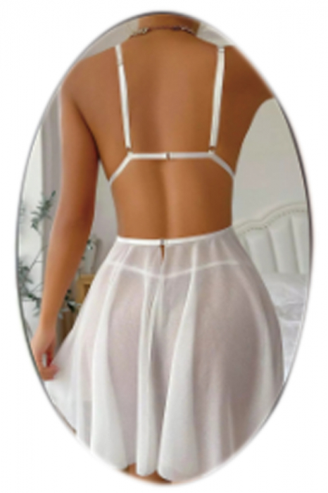 Set lenjerie erotica, rochita sexy cu broderie florala si chiloti tanga TY-S8001alb [2]