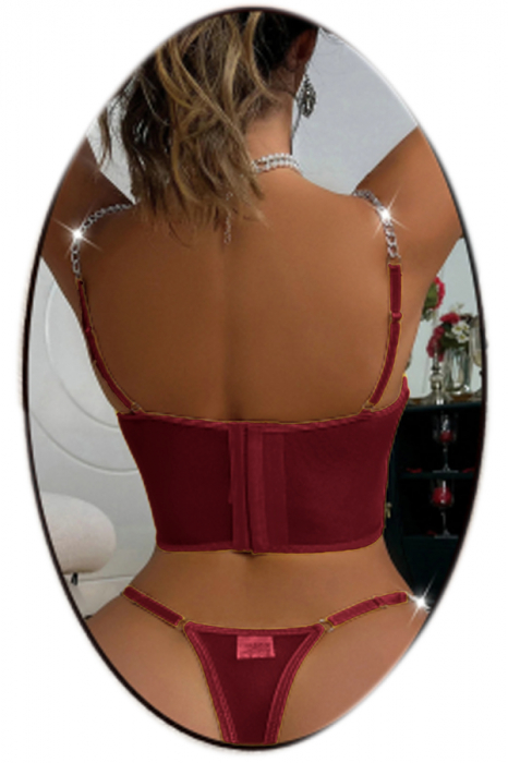 Set lenjerie erotica cu broderie florala, corset si chiloti tanga TY-LX195rosu [2]