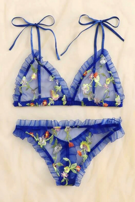 Set lenjerie erotica cu broderie florala, sutien si chiloti tanga MDD-W470albastru [4]