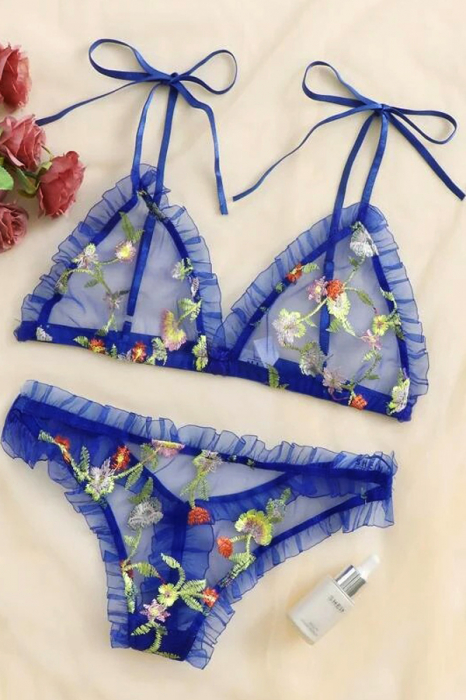 Set lenjerie erotica cu broderie florala, sutien si chiloti tanga MDD-W470albastru [2]