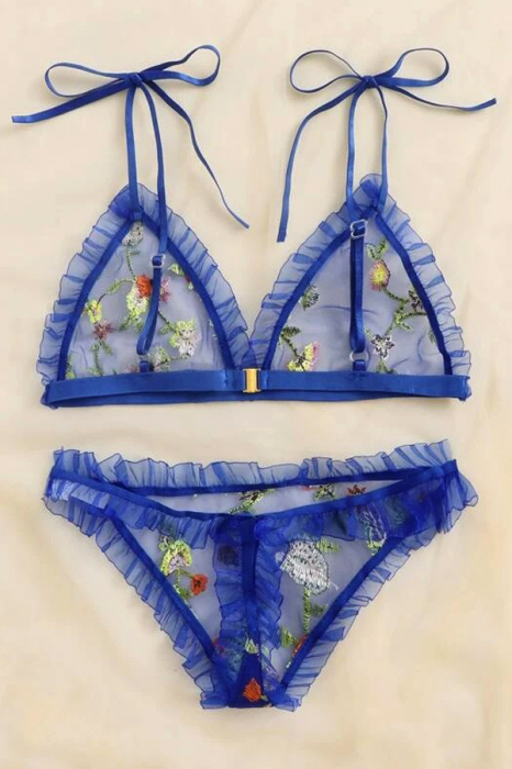 Set lenjerie erotica cu broderie florala, sutien si chiloti tanga MDD-W470albastru [3]