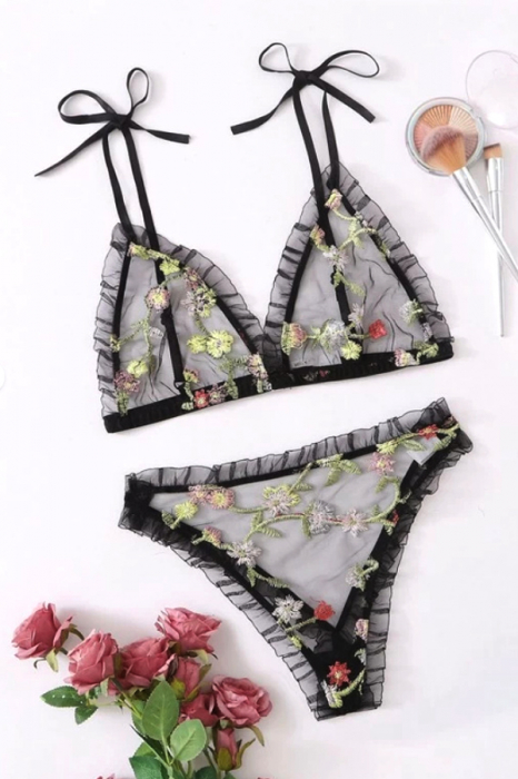 Set lenjerie erotica cu broderie florala, sutien si chiloti tanga MDD-W470negru [2]