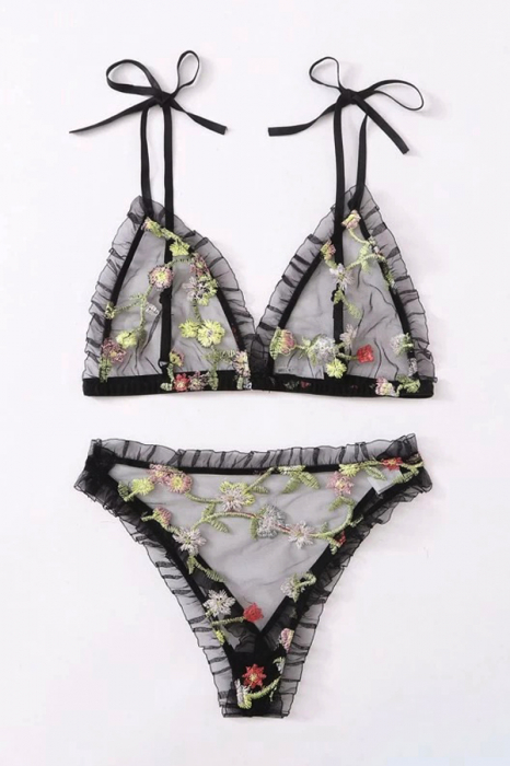 Set lenjerie erotica cu broderie florala, sutien si chiloti tanga MDD-W470negru [4]