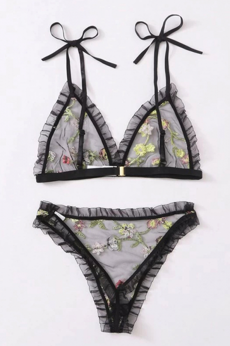 Set lenjerie erotica cu broderie florala, sutien si chiloti tanga MDD-W470negru [3]