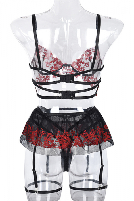 Set lenjerie erotica cu broderie, sutien, fustita, portjartier si chiloti tanga FS-Z2676 [7]