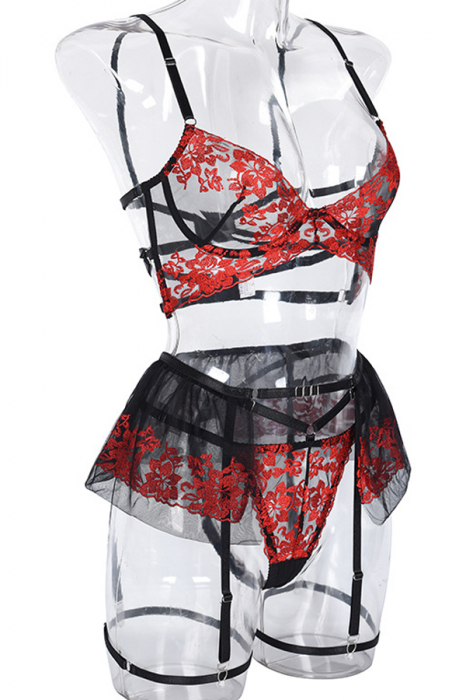 Set lenjerie erotica cu broderie, sutien, fustita, portjartier si chiloti tanga FS-Z2676 [5]