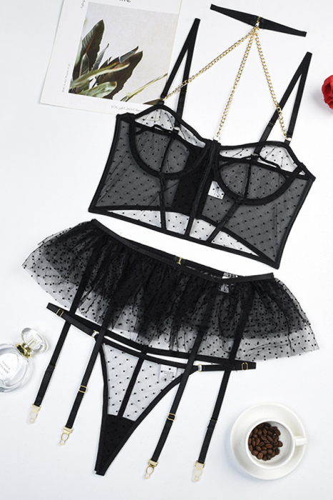 Set lenjerie erotica transparenta, top, fustita si chiloti tanga FS-Z2973 [3]
