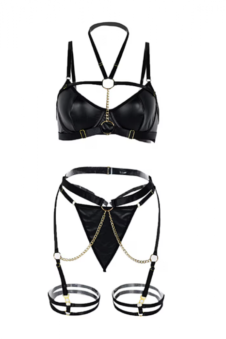 Set lenjerie erotica, top, chiloti tanga cu centura portjartier si benzi elastice TY-PU71negru [3]
