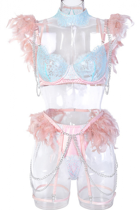 Set lenjerie erotica cu dantela si puf, sutien, portjartier, chiloti tanga si accesoriu FS-Z2850roz [5]
