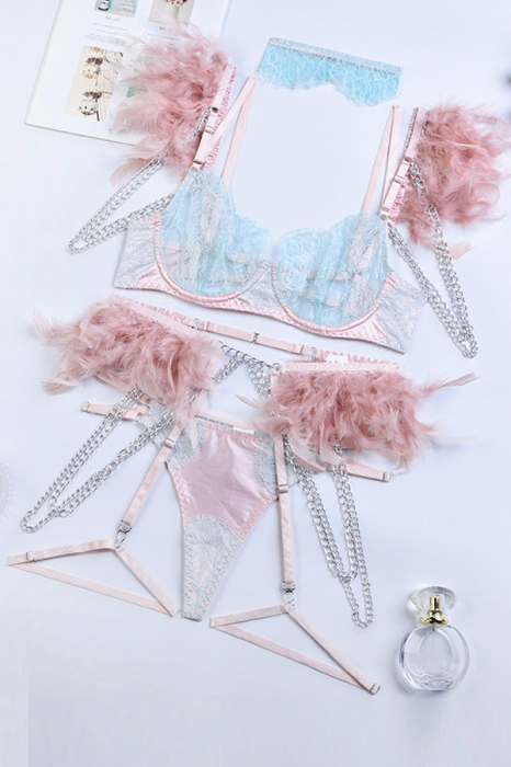 Set lenjerie erotica cu dantela si puf, sutien, portjartier, chiloti tanga si accesoriu FS-Z2850roz [3]