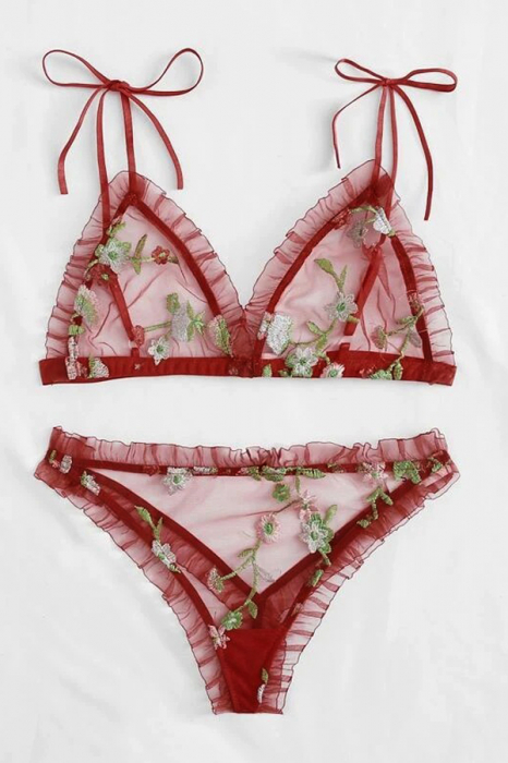 Set lenjerie erotica cu broderie florala, sutien si chiloti tanga MDD-W470visiniu [4]
