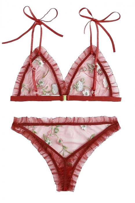 Set lenjerie erotica cu broderie florala, sutien si chiloti tanga MDD-W470visiniu [1]