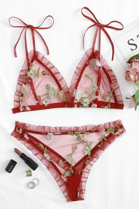 Set lenjerie erotica cu broderie florala, sutien si chiloti tanga MDD-W470visiniu [2]