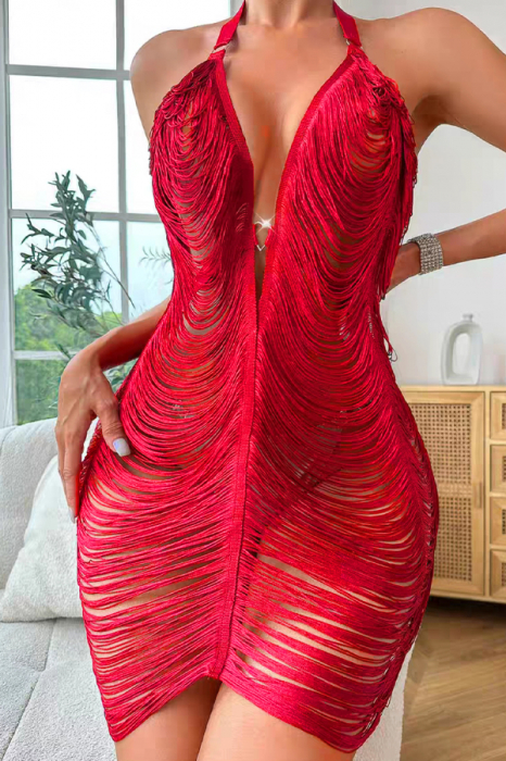 Set lenjerie erotica, rochita senzuala cu franjuri si chiloti tanga TY-8921-4rosu [5]