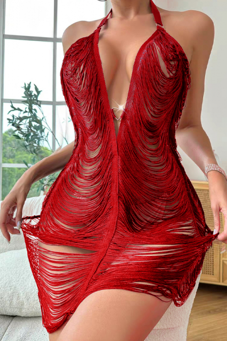 Set lenjerie erotica, rochita senzuala cu franjuri si chiloti tanga TY-8921-4rosu [4]