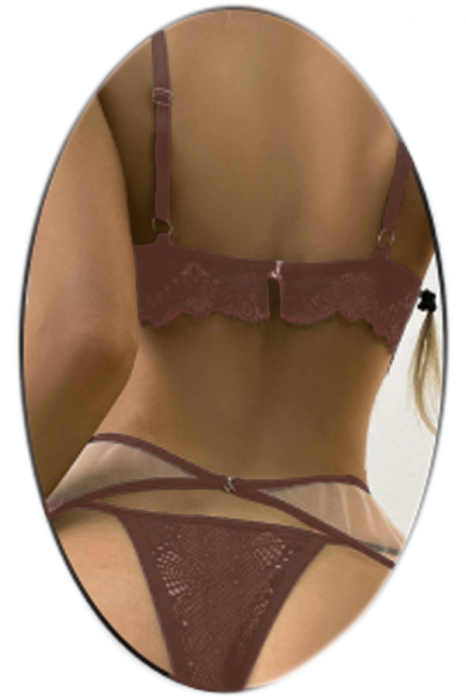 Set lenjerie erotica cu dantela, top, chiloti tanga si portjartier cu jartiere atasate TY-LX139maro [2]