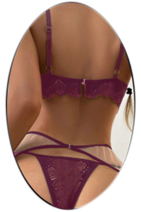 Set lenjerie erotica cu dantela, top, chiloti tanga si portjartier cu jartiere atasate TY-LX139visiniu [2]