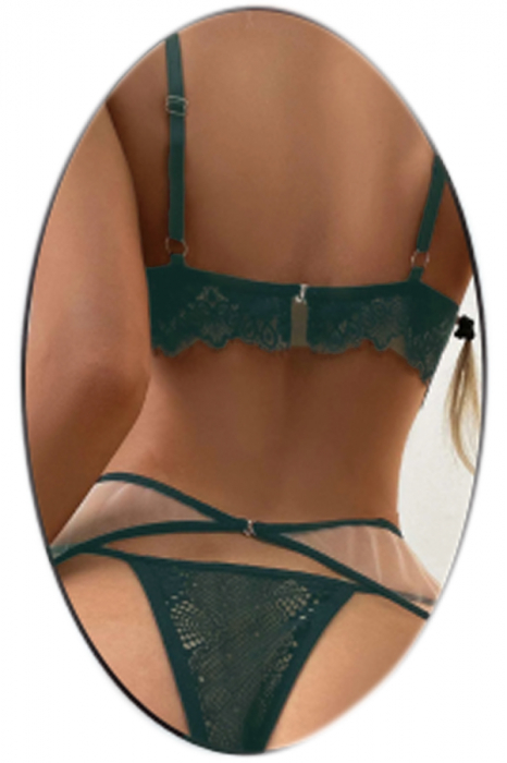 Set lenjerie erotica cu dantela, top, chiloti tanga si portjartier cu jartiere atasate TY-LX139verde [2]
