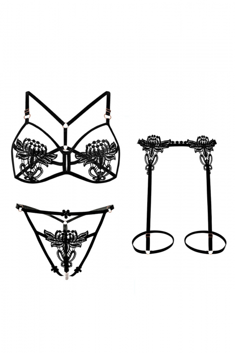 Set lenjerie erotica decupata, sutien, chiloti tanga cu margele si portjartier LH9306negru [3]