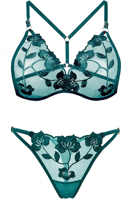 Set lenjerie erotica transparenta cu dantela brodata, sutien si chiloti tanga LH9304verde [3]