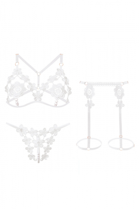 Set lenjerie erotica decupata, sutien si chiloti tanga cu margele + portjartier LH9307alb [3]