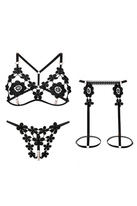 Set lenjerie erotica decupata, sutien si chiloti tanga cu margele + portjartier LH9307negru [4]