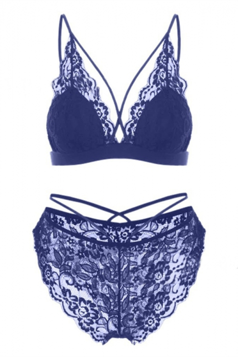 Set lenjerie erotica, din dantela, top sexy si chiloti cu talie inalta YML4371albastru [1]