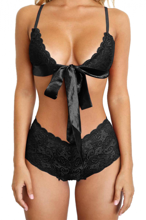Set lenjerie erotica, accente de dantela, sutien si chiloti brazilieni YMR-1019negru [1]