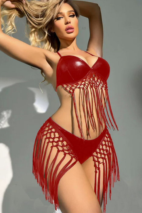Set lenjerie erotica din piele sintetica lucioasa cu ciucuri, top si chiloti tanga TY-PU76rosu [3]