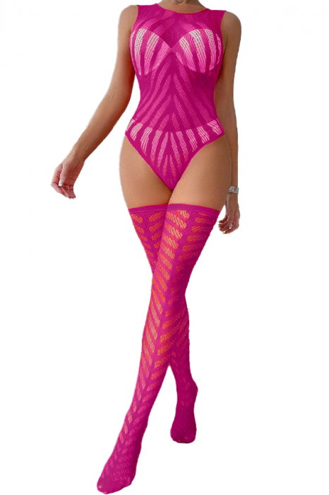 Set lenjerie erotica din plasa fina, body sexy si ciorapi dres DLS-7876roz [1]
