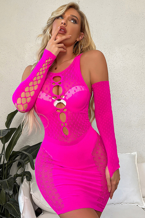 Set lenjerie erotica din plasa fina, rochita cu decupaje si manusi lungi ZS-W530roz [4]