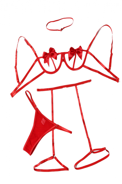 Set lenjerie erotica, sutien, chiloti tanga, portjartier si accesoriu gat MDD-T915 [6]