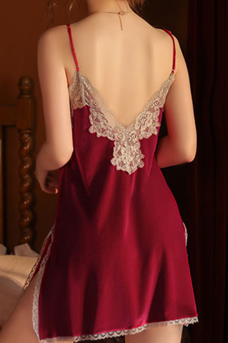 Set lenjerie erotica, halat, camasa de noapte sexy si chiloti tanga GJ588visiniu [8]