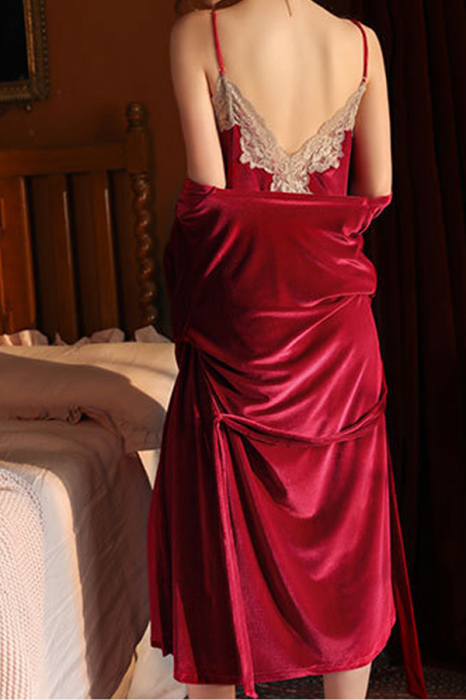 Set lenjerie erotica, halat, camasa de noapte sexy si chiloti tanga GJ588visiniu [2]