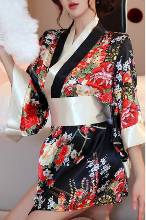 Set lenjerie erotica, kimono sexy japonez, cordon si chiloti tanga YML-1306negru [5]