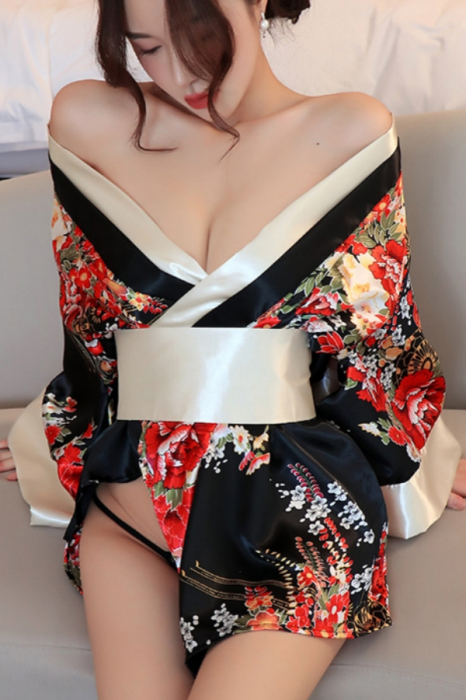 Set lenjerie erotica, kimono sexy japonez, cordon si chiloti tanga YML-1306negru [2]