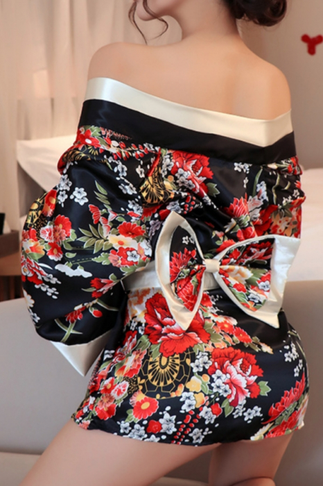 Set lenjerie erotica, kimono sexy japonez, cordon si chiloti tanga YML-1306negru [7]