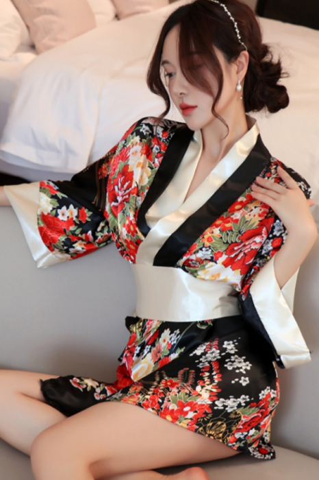 Set lenjerie erotica, kimono sexy japonez, cordon si chiloti tanga YML-1306negru [9]