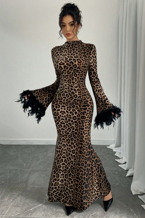 Rochie mulata de seara Leopard, cu guler inalt si maneci lungi cu pene DLS-7290 [8]