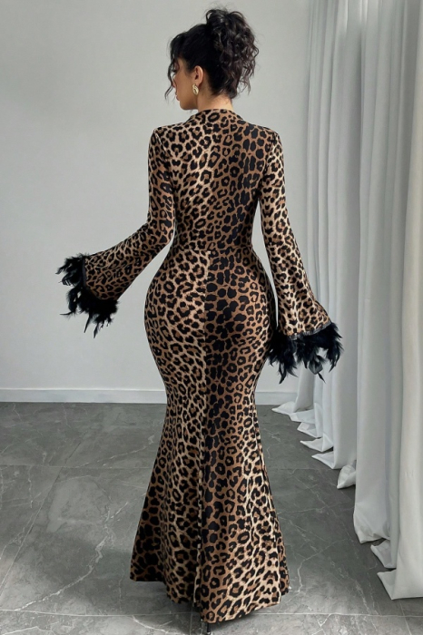 Rochie mulata de seara Leopard, cu guler inalt si maneci lungi cu pene DLS-7290 [2]