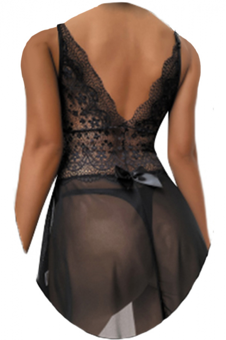 Set lenjerie erotica, rochie babydoll cu dantela brodata si chiloti tanga TY-S603negru [2]