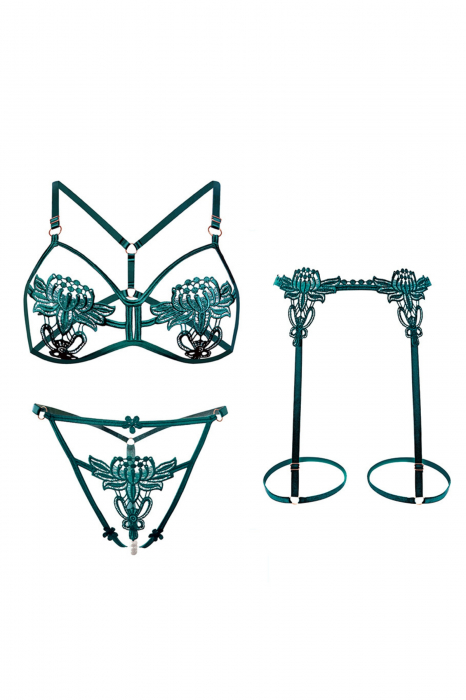 Set lenjerie erotica decupata, sutien, chiloti tanga cu margele si portjartier LH9306verde [3]