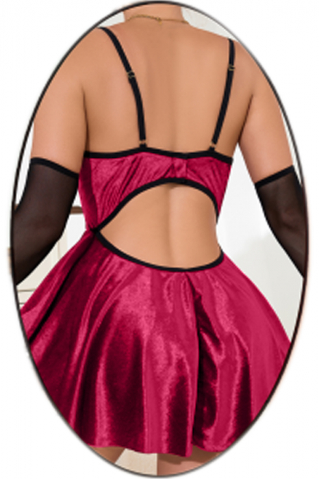 Set lenjerie erotica, rochita din catifea fina, chiloti tanga si maneci transparente TY-R074mov inchis [2]