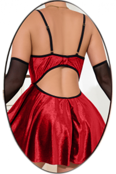 Set lenjerie erotica, rochita din catifea fina, chiloti tanga si maneci transparente TY-R074rosu [2]
