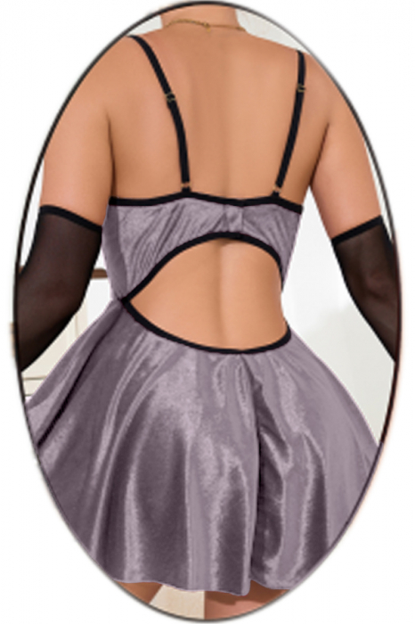 Set lenjerie erotica, rochita din catifea fina, chiloti tanga si maneci transparente TY-R074mov deschis [2]
