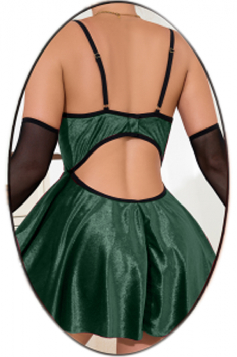 Set lenjerie erotica, rochita din catifea fina, chiloti tanga si maneci transparente TY-R074verde [2]