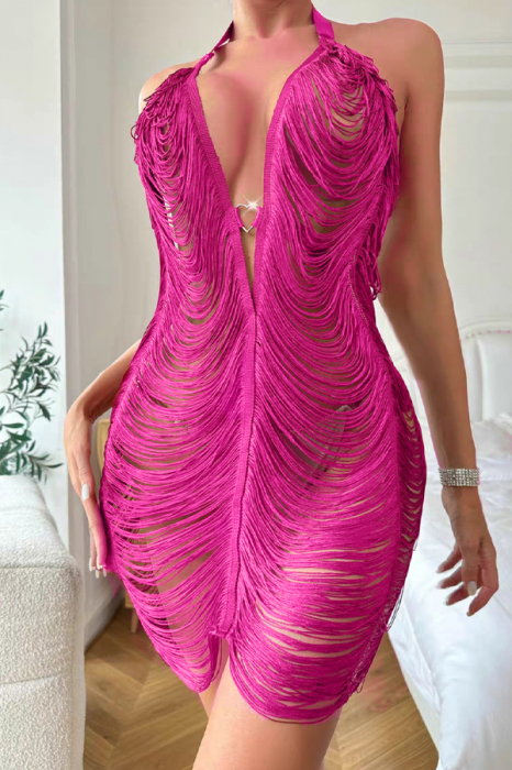 Set lenjerie erotica, rochita senzuala cu franjuri si chiloti tanga TY-8921-4fucsia [6]